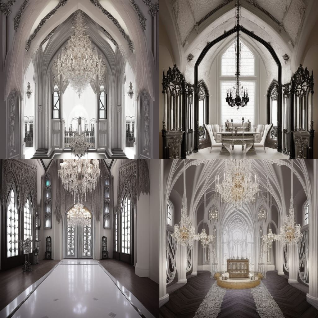 Shimmery pearlescent White gothic penthouse with silver frames& ethereal Gothic high ceiling& ethereal Gothic archways& ...