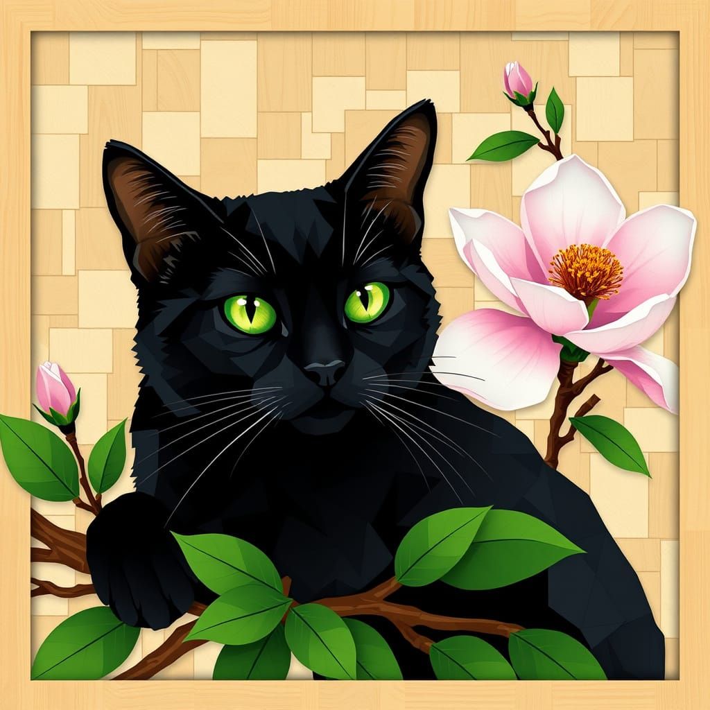 Abstract Geometric Mosaic Black Cat on Magnolia Branch
