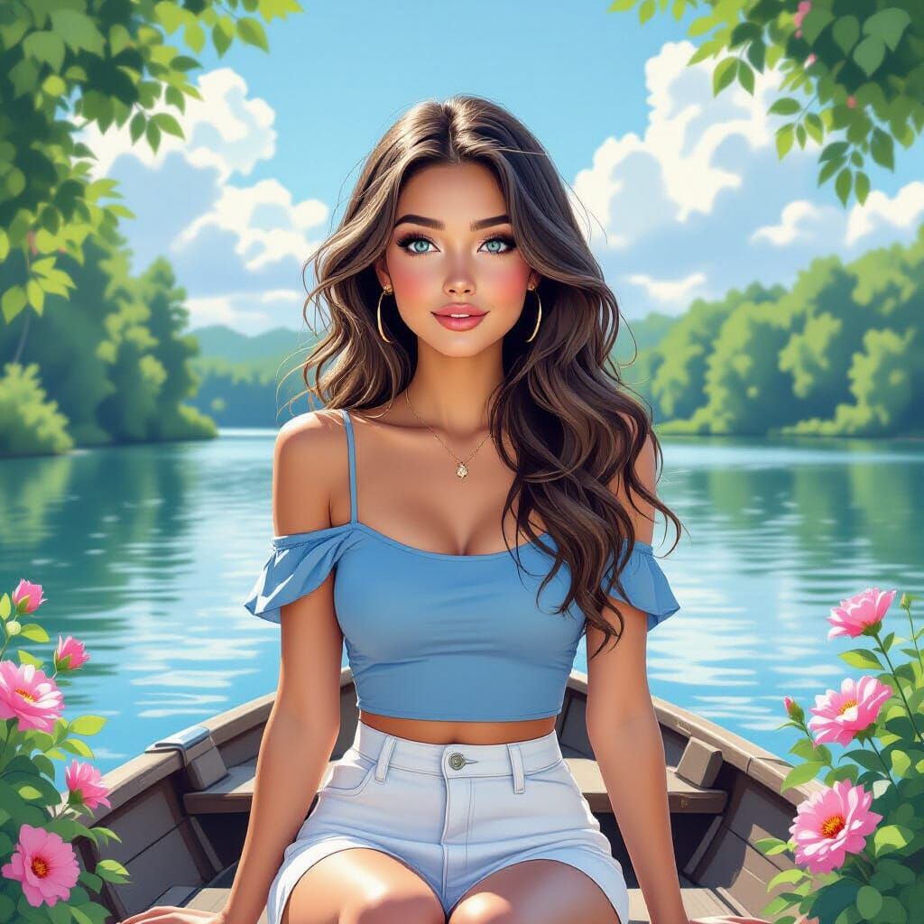 Woman on Lake in Acrylic and Oil Painting Style