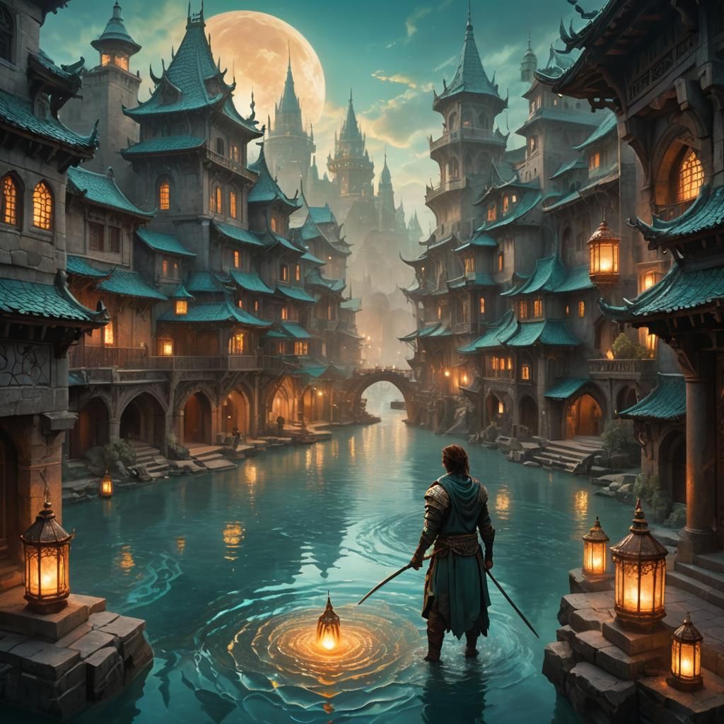Mystical Warrior in Dreamlike City: Fantasy Concept Art