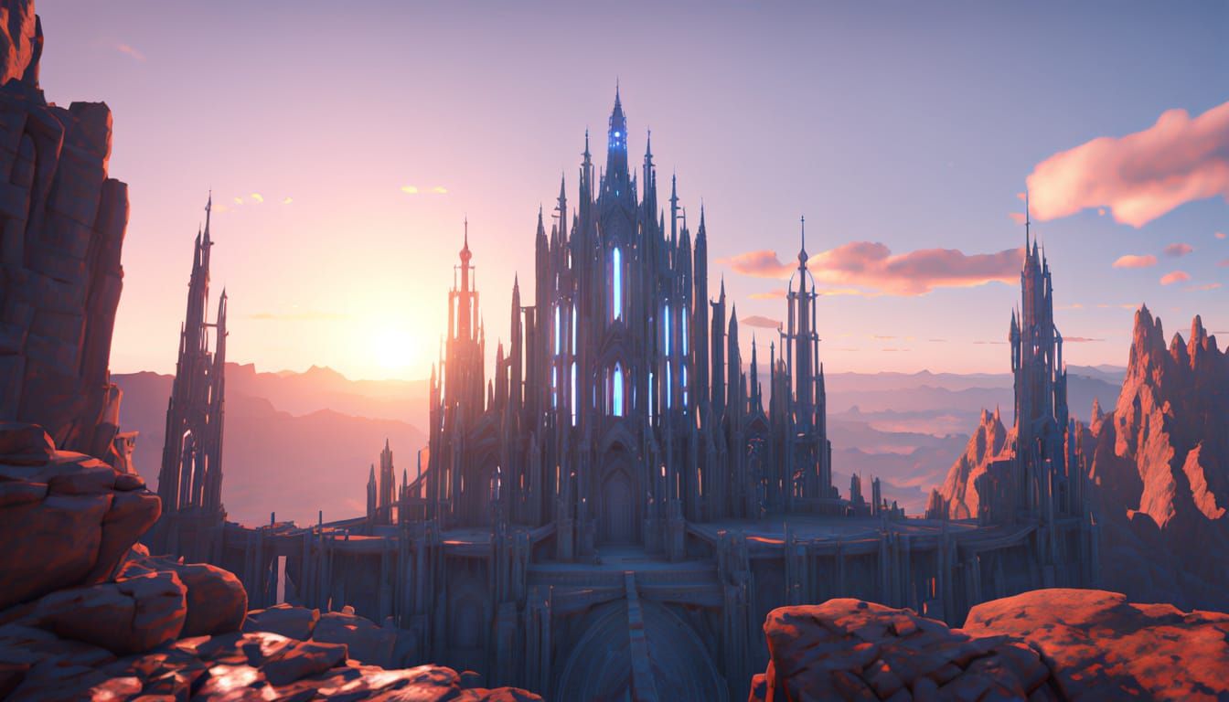 Crystal Cathedral on Barren Cliff with Fiery Sky