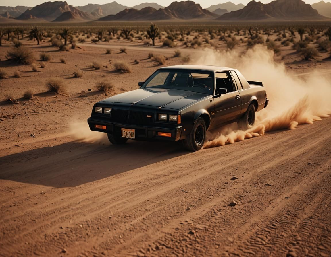 Black Buick GNX Races Through Desert at Sunset