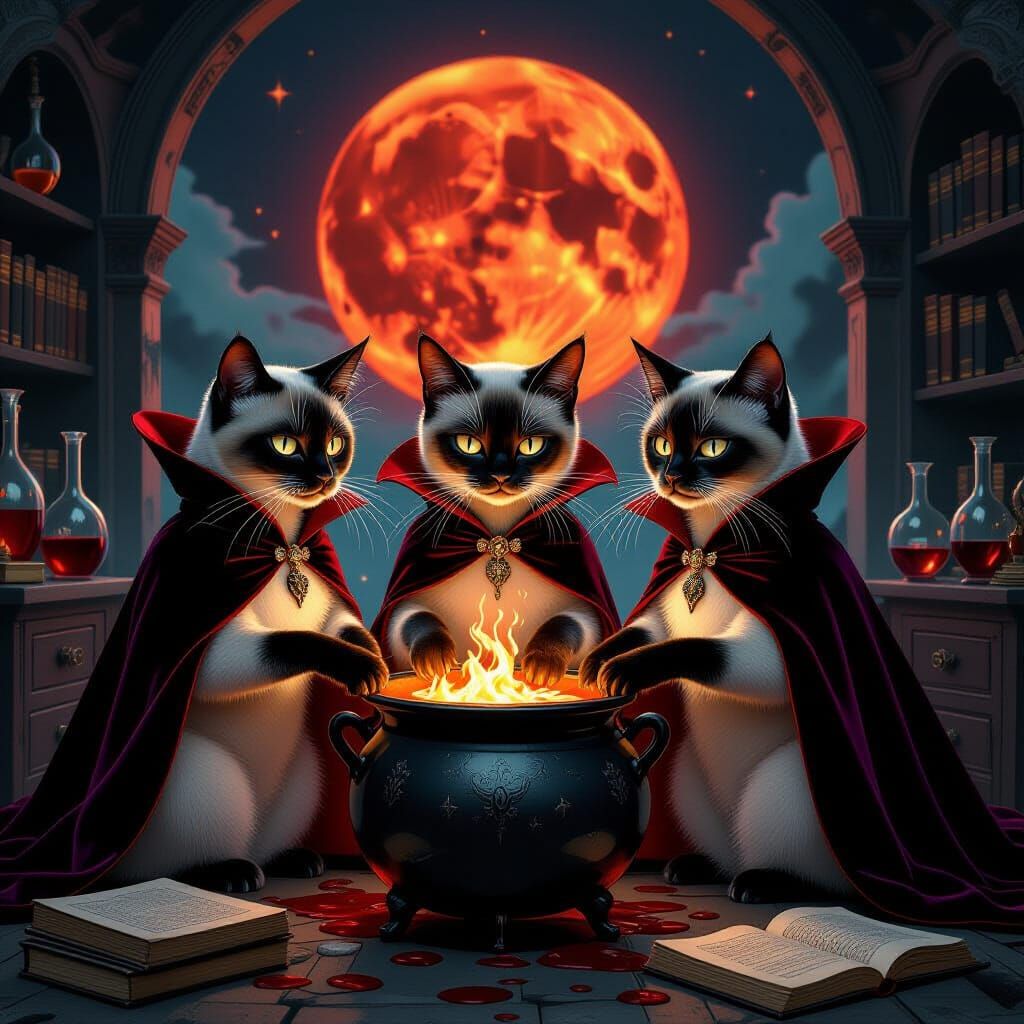 Siamese Cats in Vampire Attire Around Cauldron