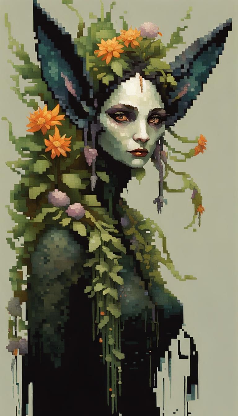 Fey Maiden of Dark Blooms in Pixel Art