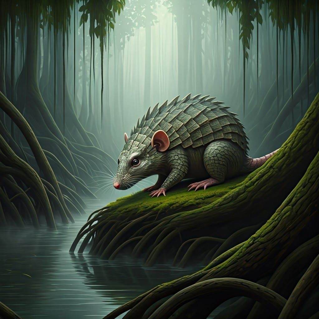 Surreal Riverbank Encounter: Crocodile-Rat Hybrid