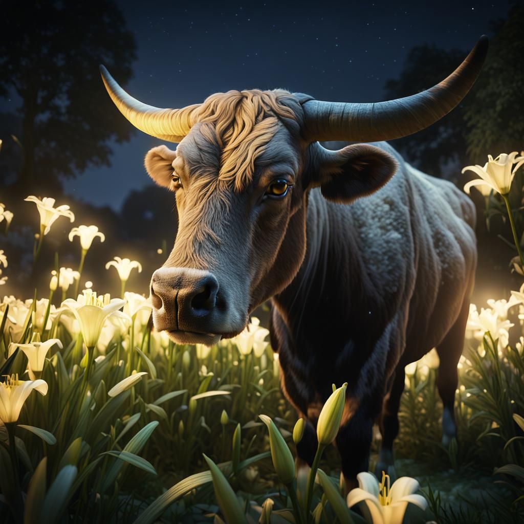 Ox in Lily Garden at Night: Hyperrealistic Digital Art