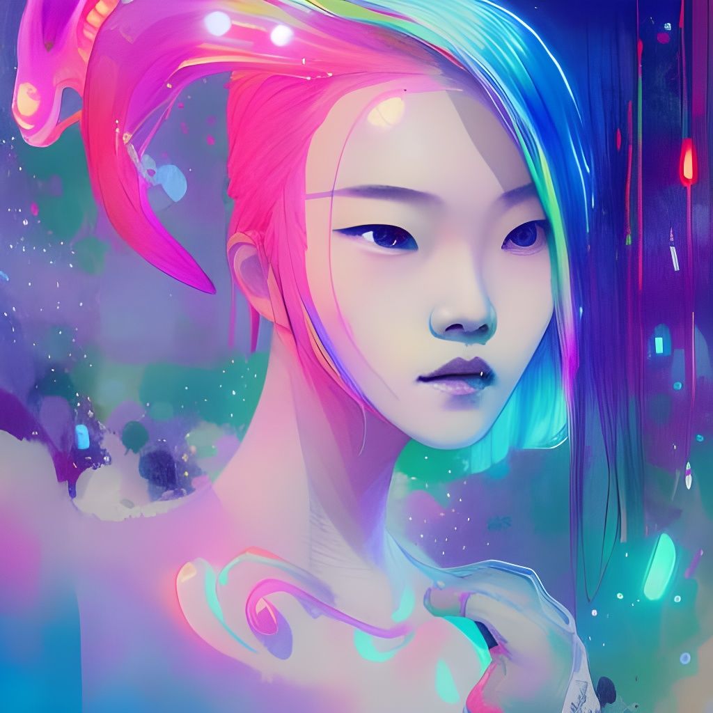 Neon Haired Korean Girl in Watercolor Calligraphy Style