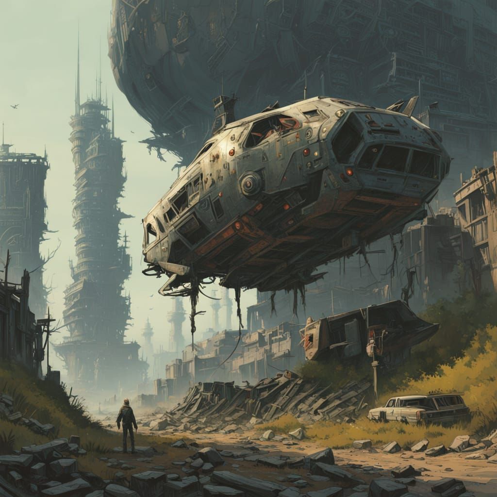 Futuristic Warrior in Ruined City with UFO