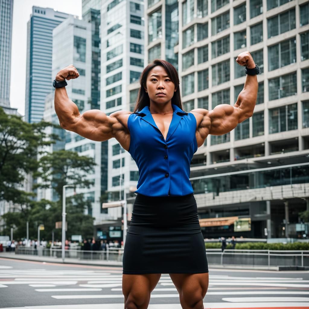 Muscular Japanese Salarywoman Flexing Biceps in City