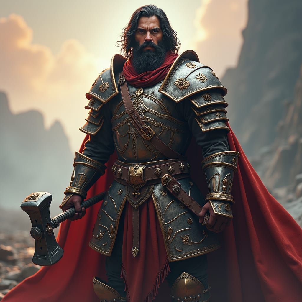 Armored Warrior with Warhammer in Fantasy Landscape