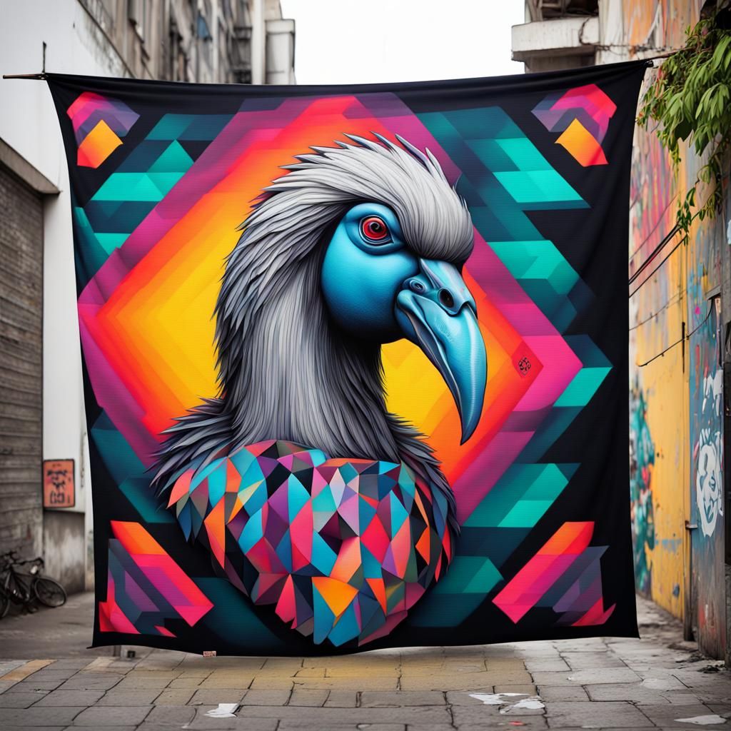 Geometric Tapestry with Dodo Birds in Graffiti Art
