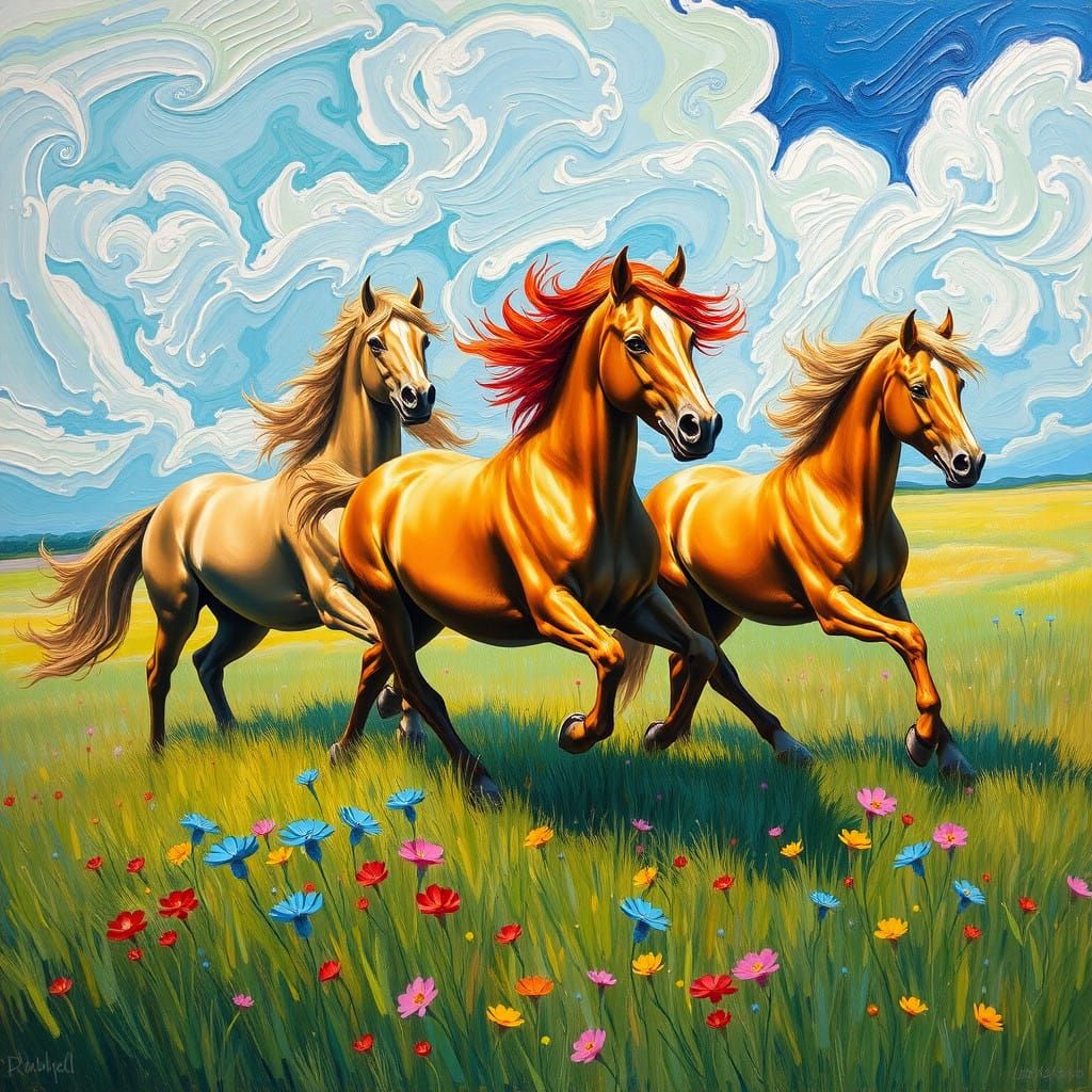 Neo-Impressionist Horses Galloping in a Vibrant Dreamlike Me...
