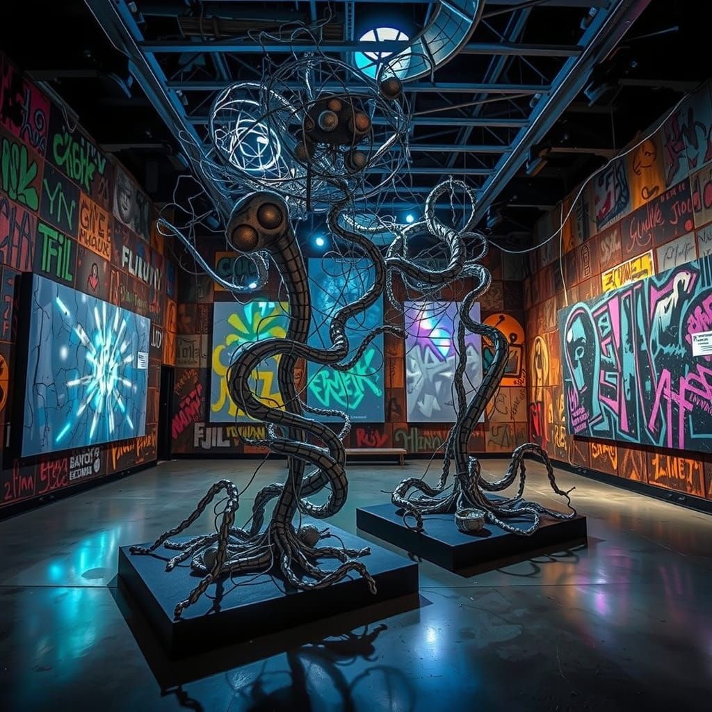 Graffiti Art Sculpture Gallery in Hyperdetailed Cyberpunk St...