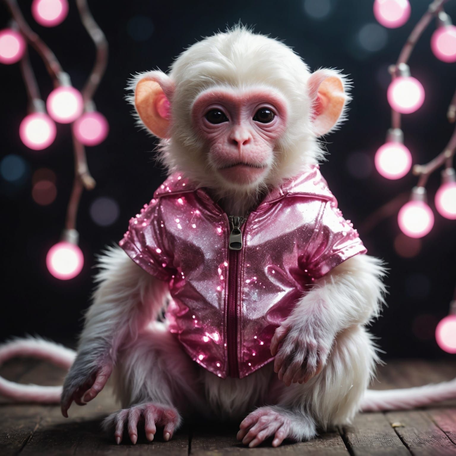 Albino Monkey in Cherry Costume: Surreal Close-Up