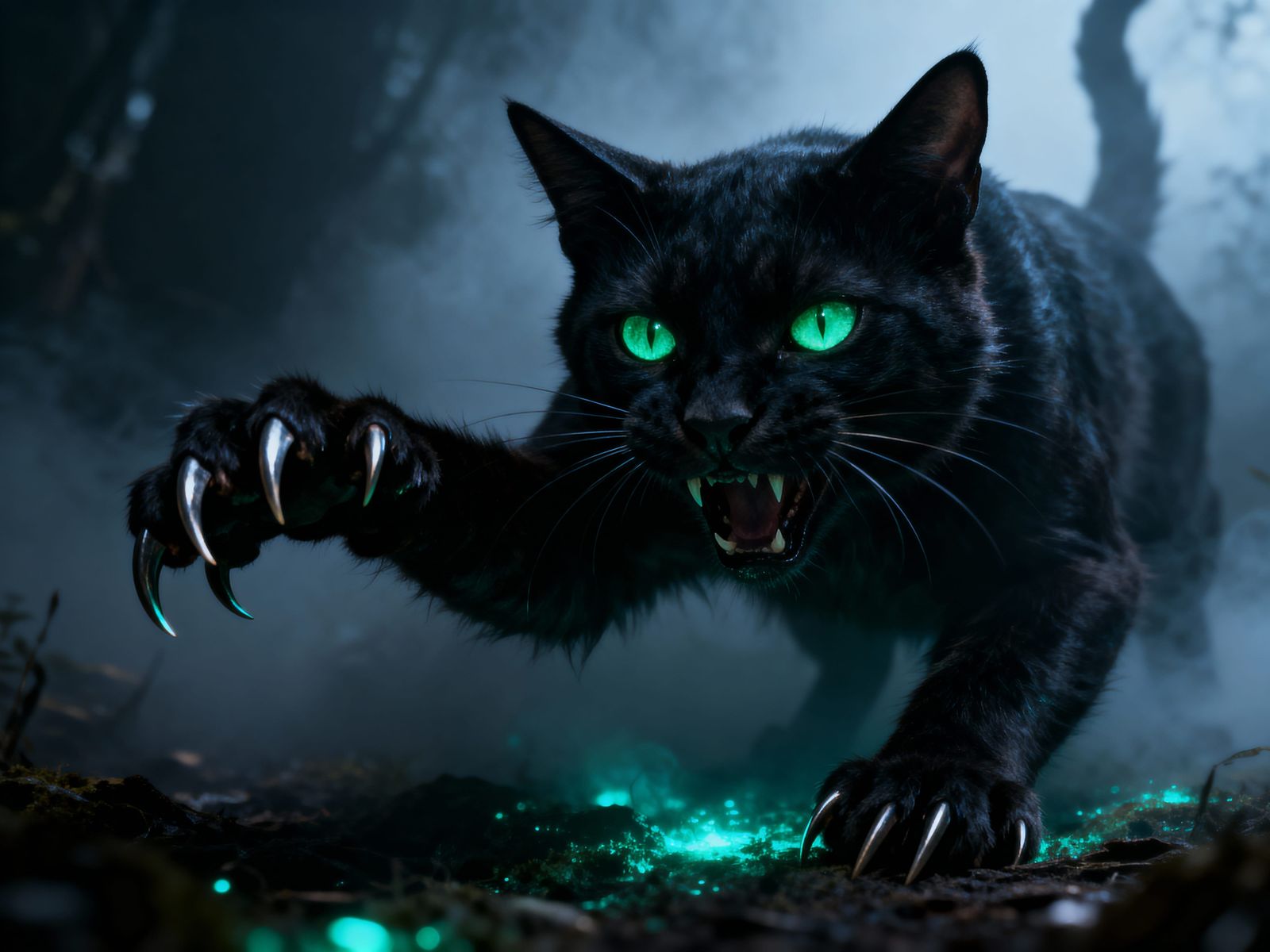 Menacing Black Cat with Glowing Emerald Eyes