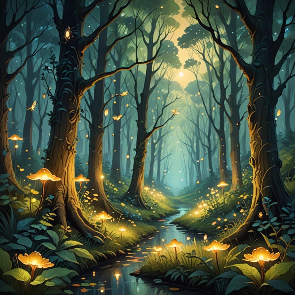 Whimsical Fantasy Forest Scene in Oil Painting Style