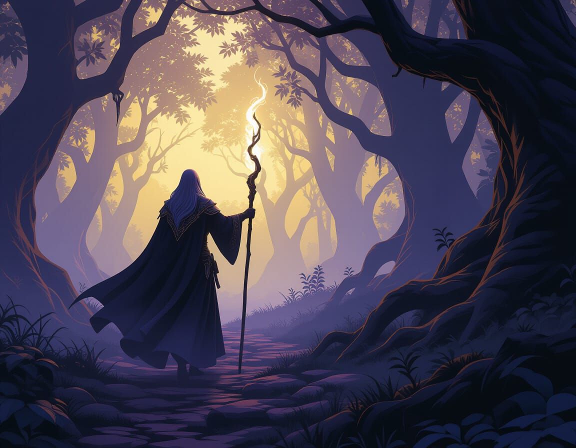 High Elf Mage in Misty Forest with Ethereal Staff