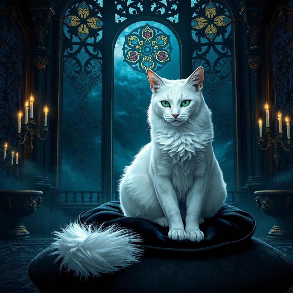 Majestic White Cat Surrounded by Mystical Palace in Dark Nig...