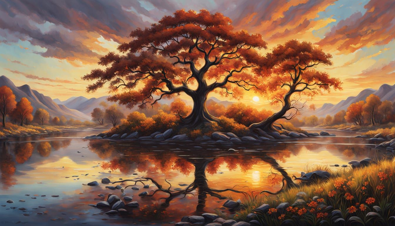 Romantic Landscape Masterpiece with Majestic Tree and Tranqu...