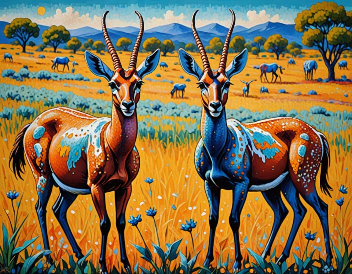 Antelope Frolic in Field: Neo-Impressionist Oil Painting