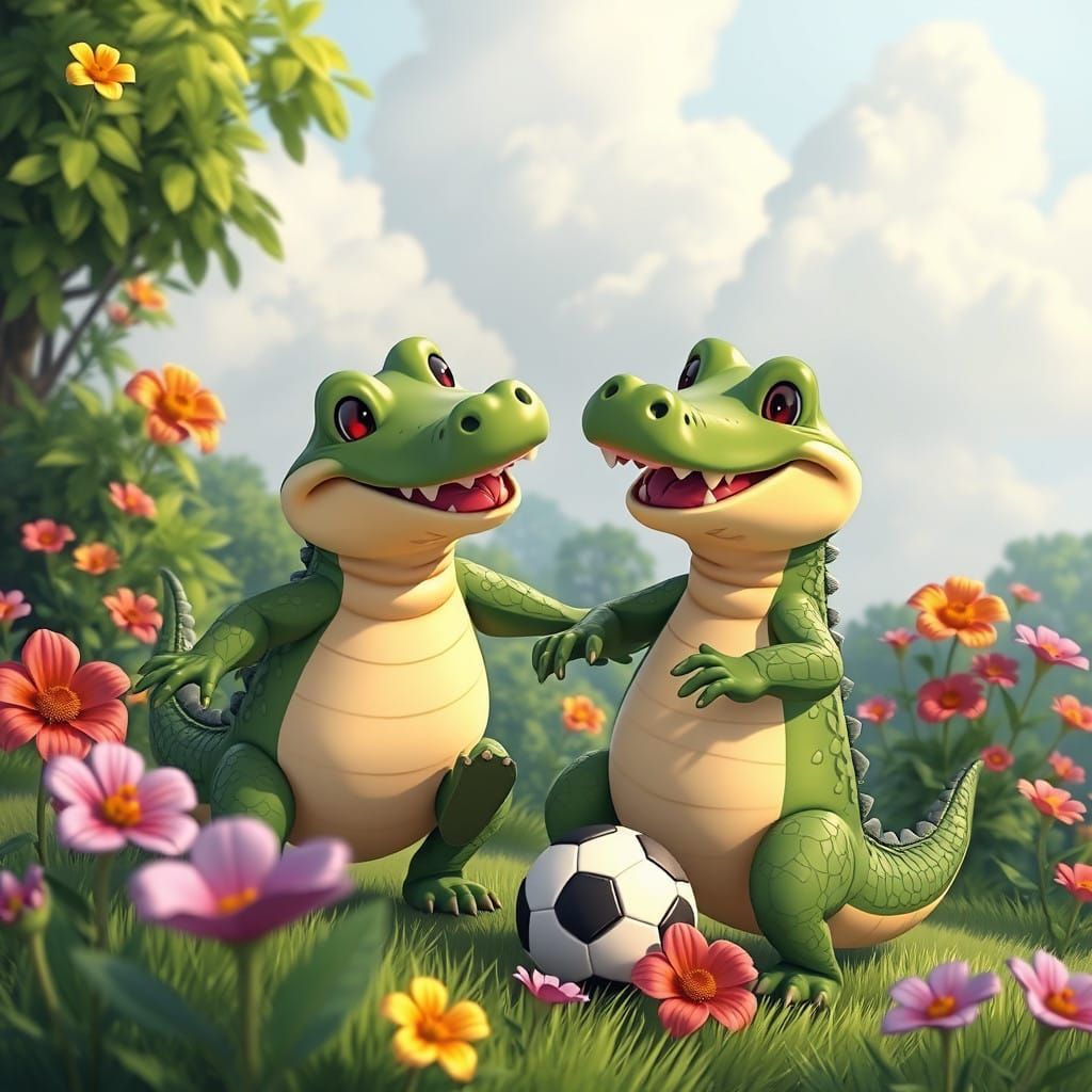 Charming Cartoon Crocodile Duo Plays Soccer in Whimsical Lan...