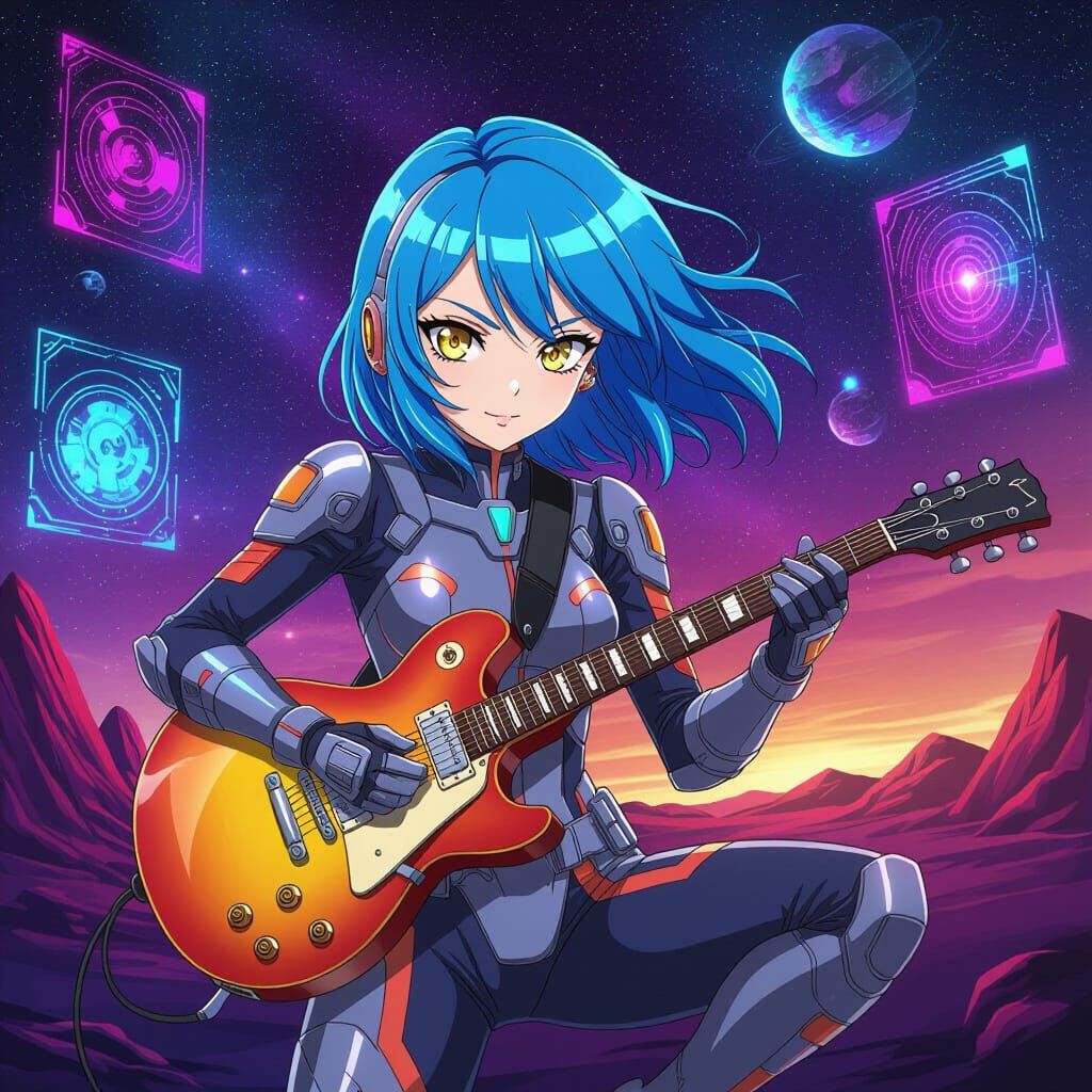 Anime Woman Shreds Guitar on Alien Planet in Cyberpunk Style