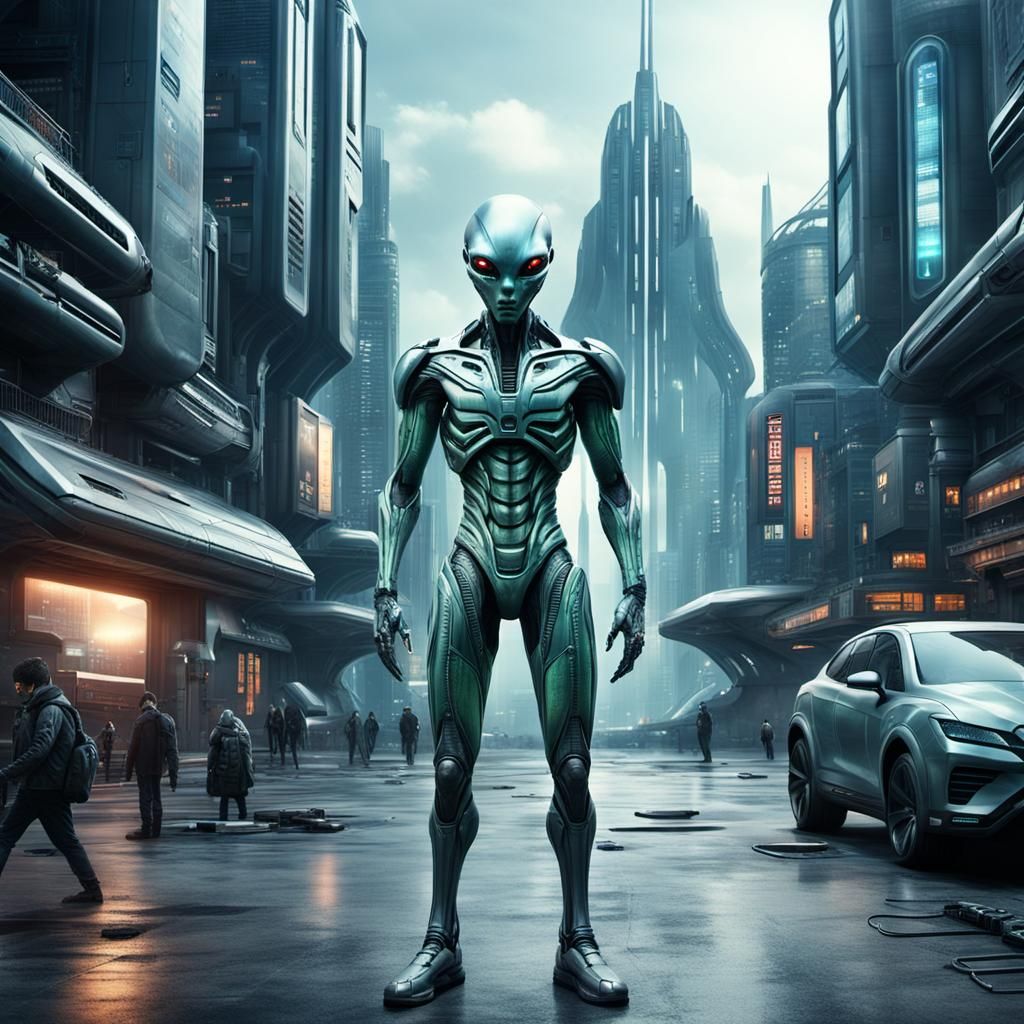 Hyperrealistic Alien Cyborg in Sci-Fi City