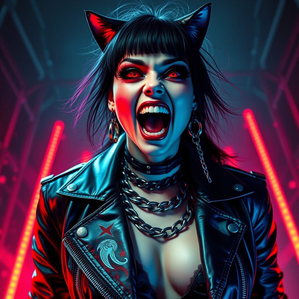 Cyberpunk Gothic Woman Screaming with Excitement