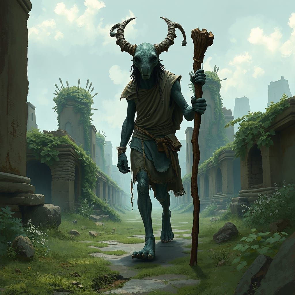 Cyclops Satyr in Ancient Ruins, Mystical Realism