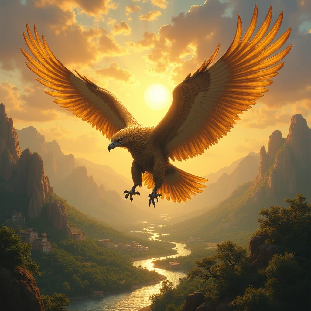 Griffin Soaring Through Sunlit Sky, Fantasy Art