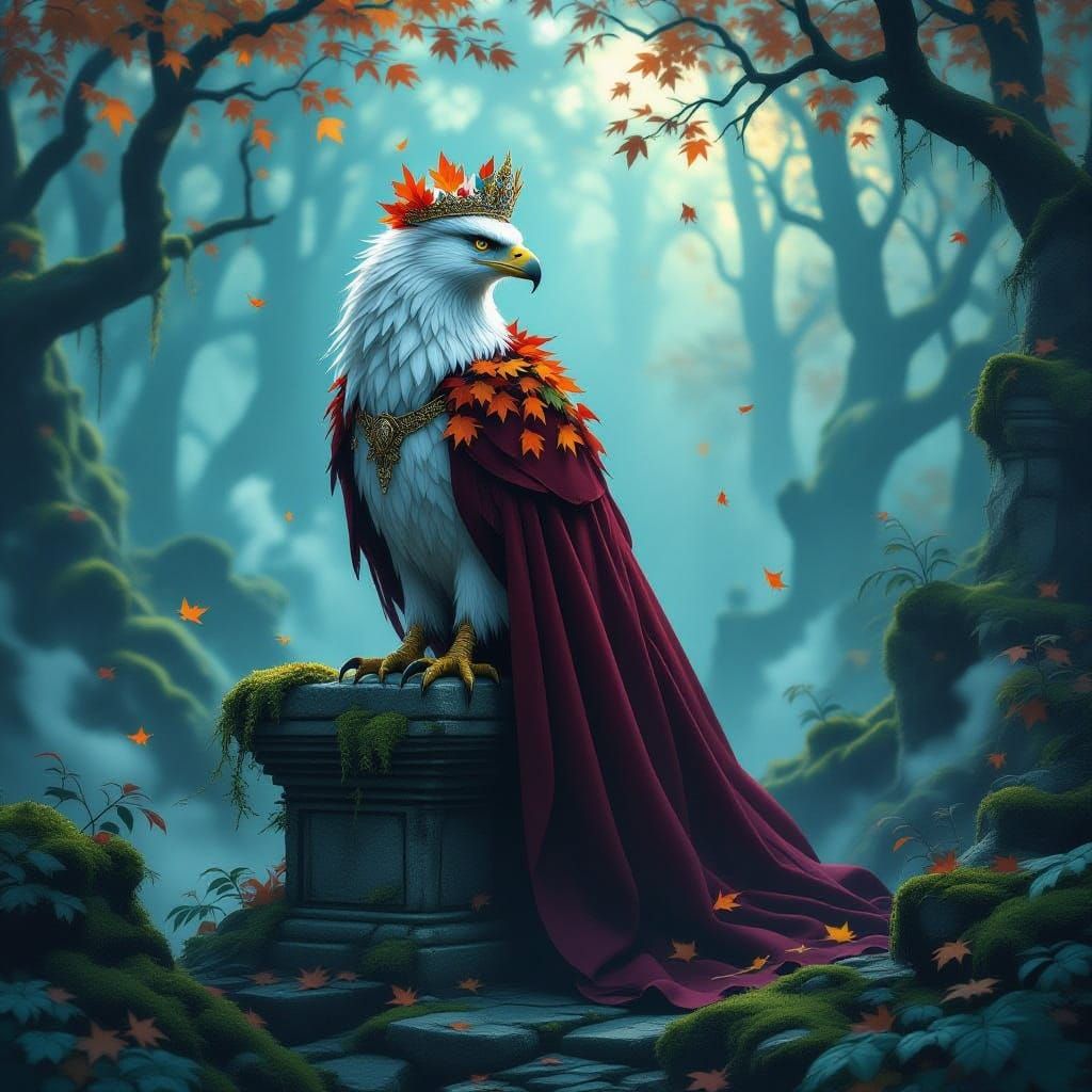 Majestic Griffin on Ruin in Misty Forest