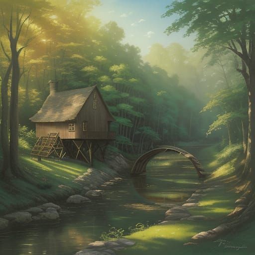 Serenely Standing Waterwheel in a Lush Forest