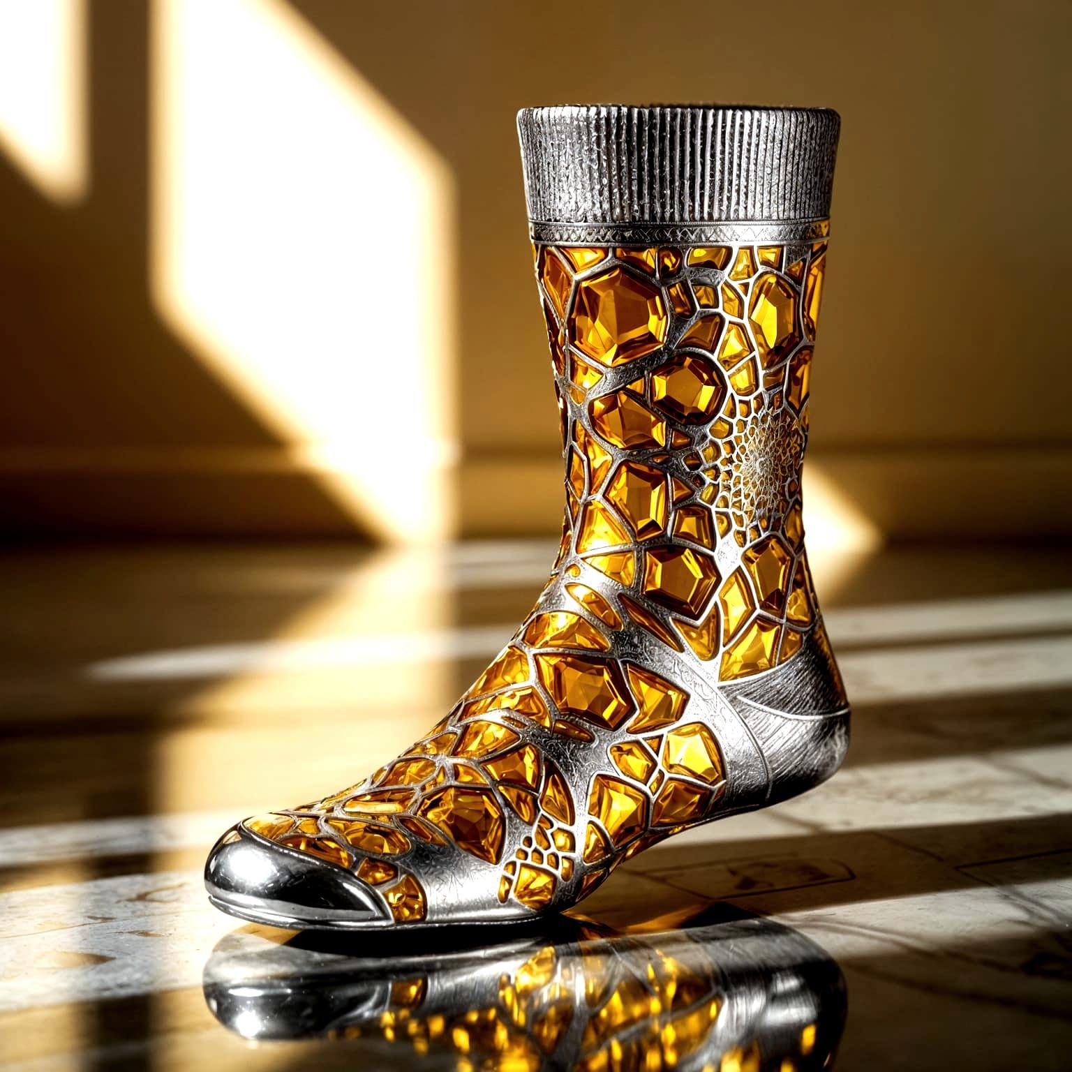 Hyperrealistic Golden Silver Sock with Fractal Amber Pattern...