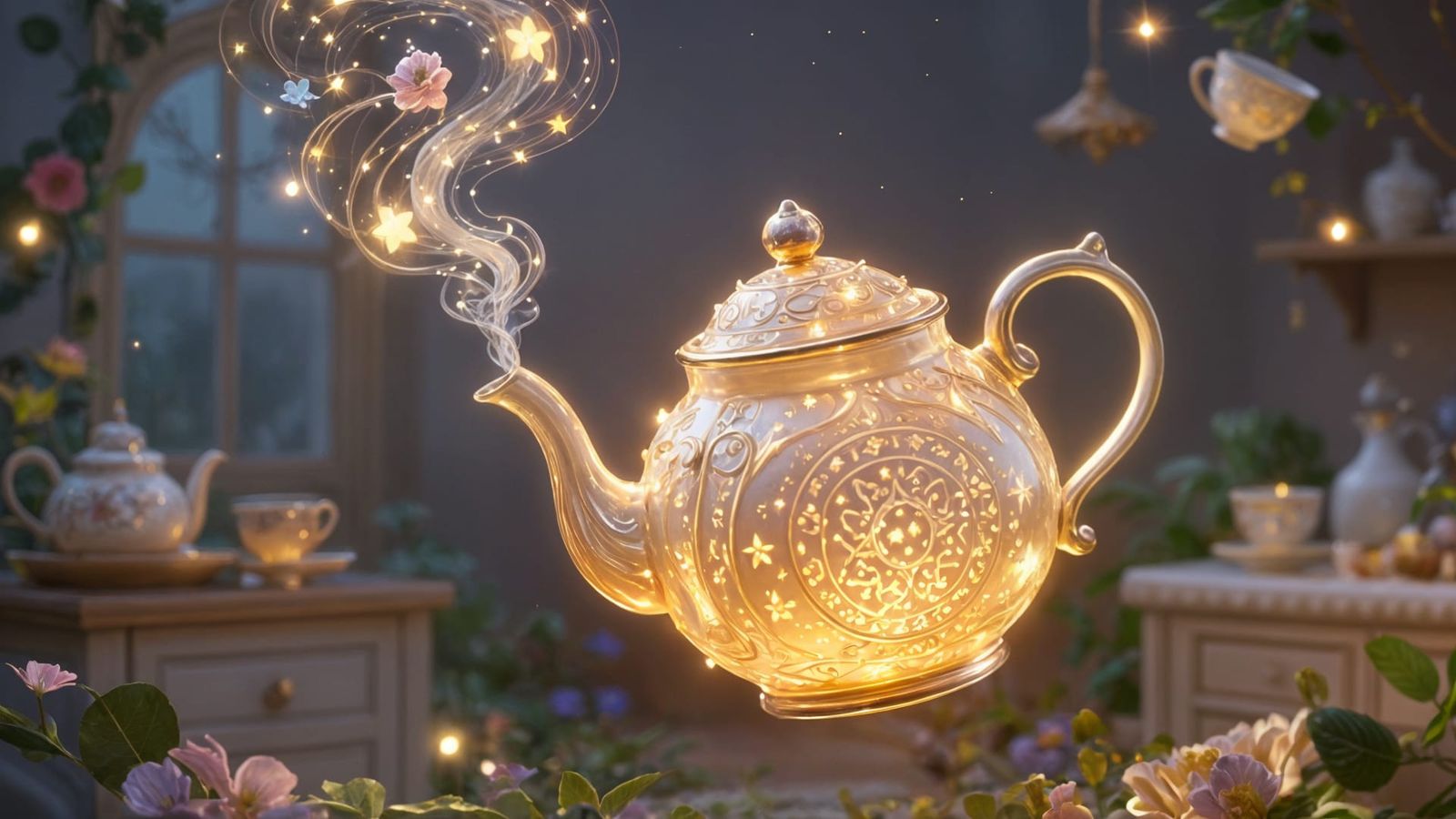 Magical Teapot Floating With Ornate Patterns And Glowing Run...