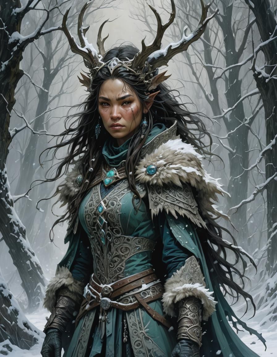 Stern Inuit Woman as Evil Druid in Winter