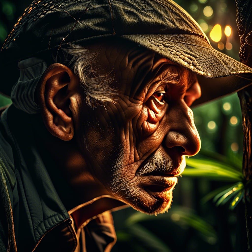 Rainforest Sunset: Hyperrealistic Portrait of an Old Man
