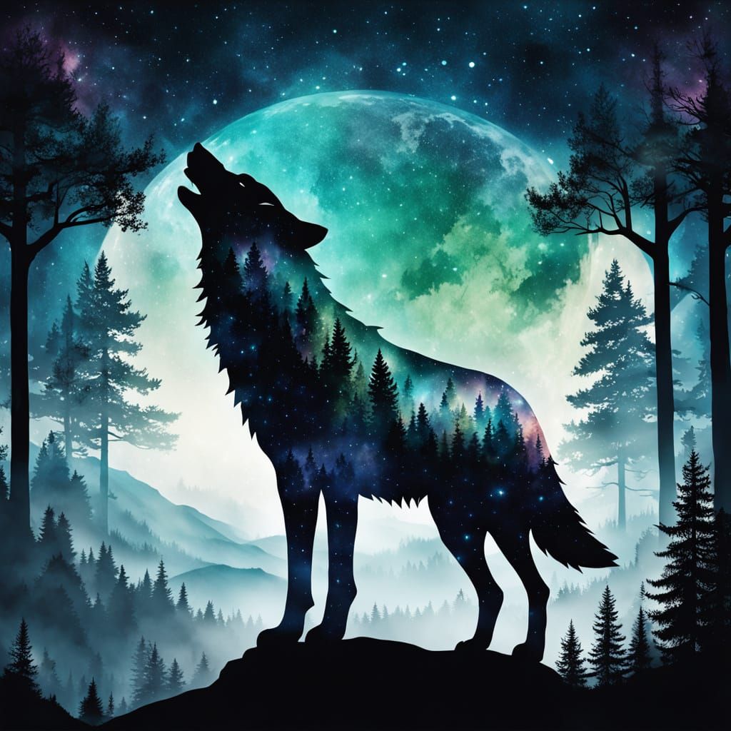 Wolf Howling Silhouette Filled with Cosmic Landscape