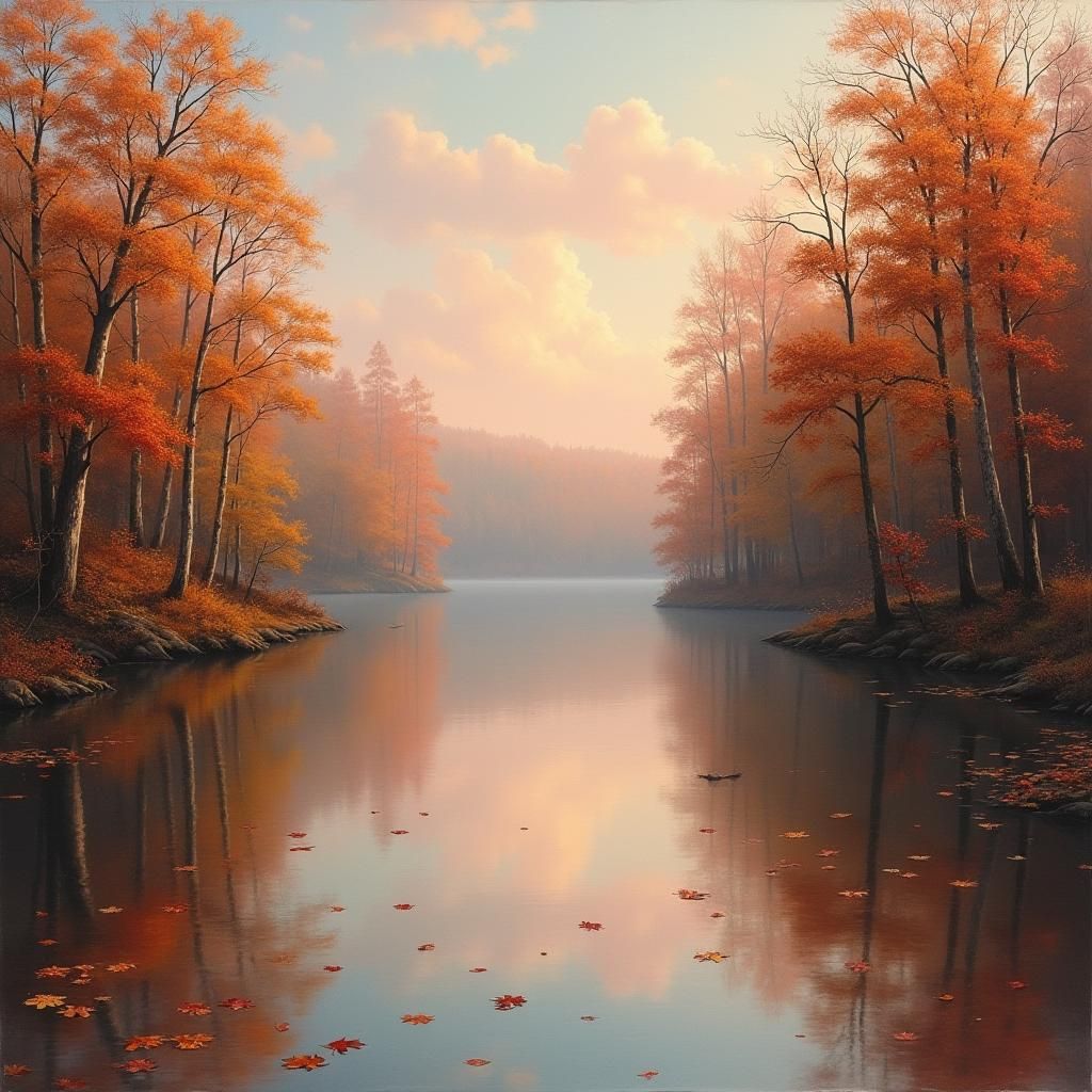 Autumn Forest Reflected in Lake at Dusk