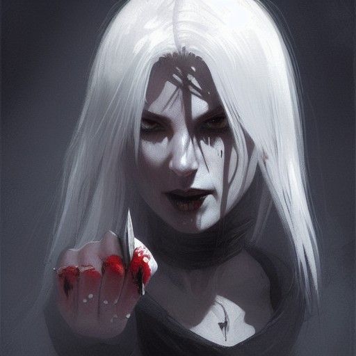 Sinister White-Haired Girl with Bloody Knife