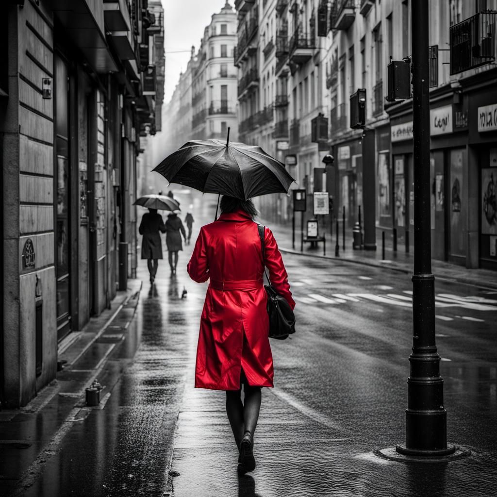 Woman in Red Coat Walking in Madrid Rain