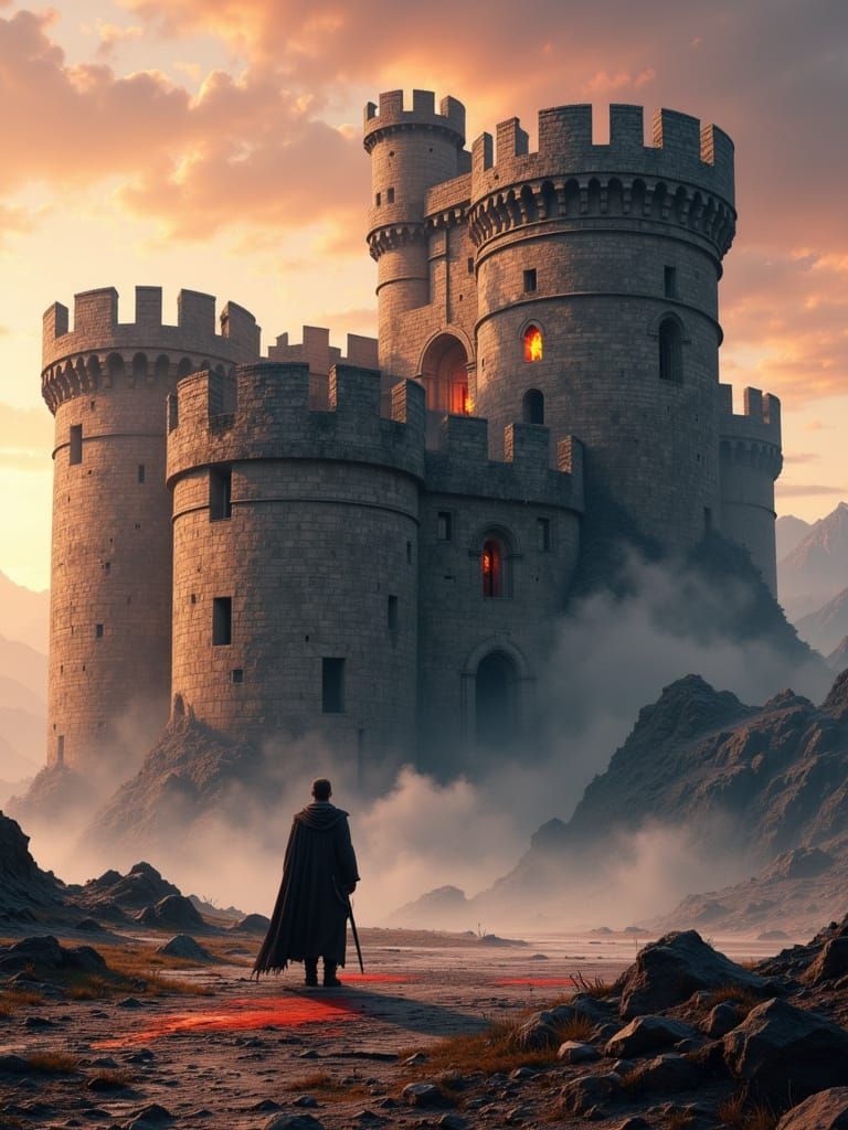 A lone, battle-worn warrior stands before a massive medieval...