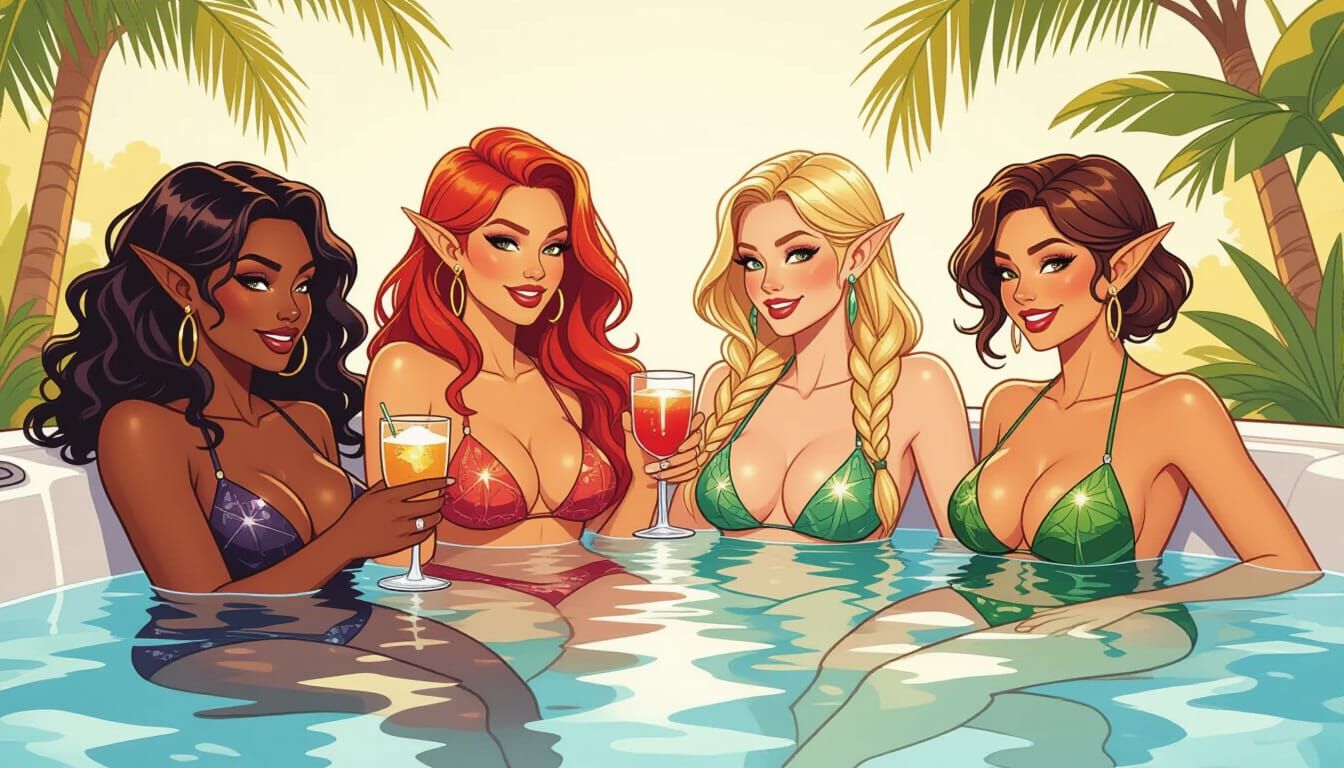 Four Beautiful Women Enjoy Cocktails in Hot Tub Comic Art