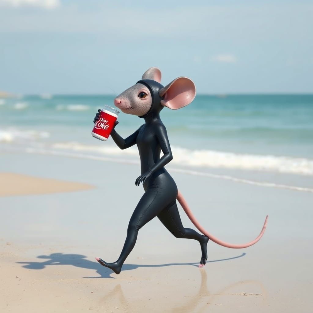 Humanoid Mouse in Wetsuit Sipping Soda