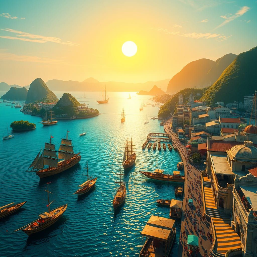 Colonial-Era Rio de Janeiro Port Scene in Vibrant Style