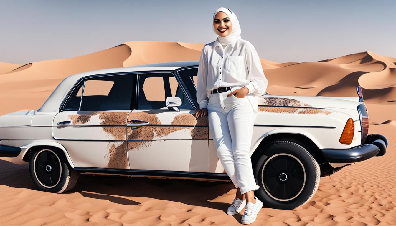 Beautiful Hijabi Woman Near Classic Mercedes, Hyperrealistic