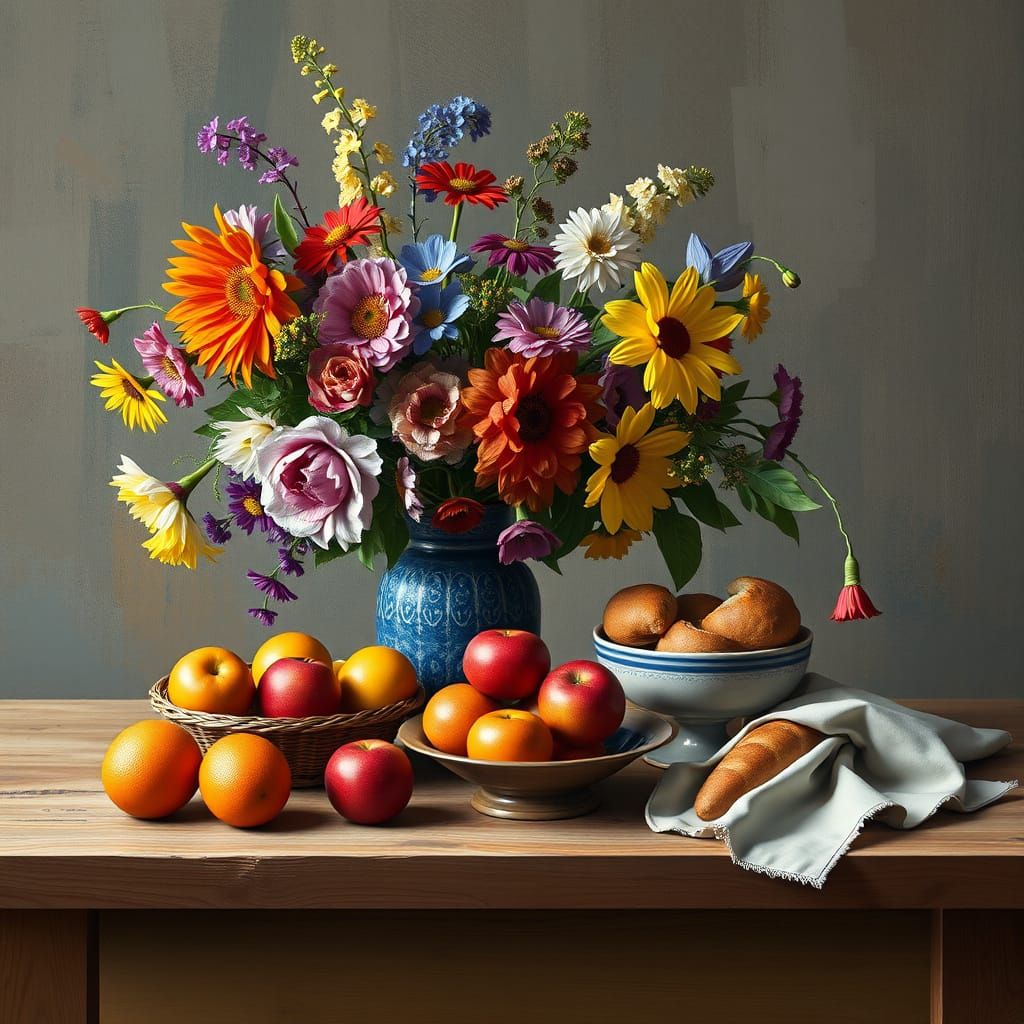 Still Life in Cezanne Style with Flowers and Fruit