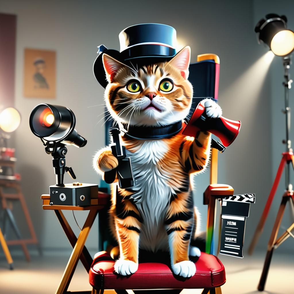 Cute Cat Director in Hyper-Realistic Digital Art