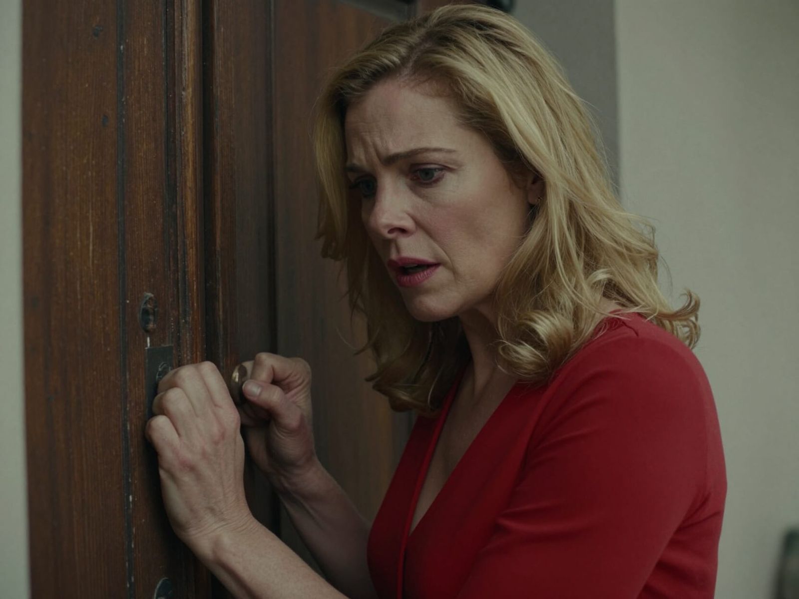 Woman in Red Dress Knocks on Door