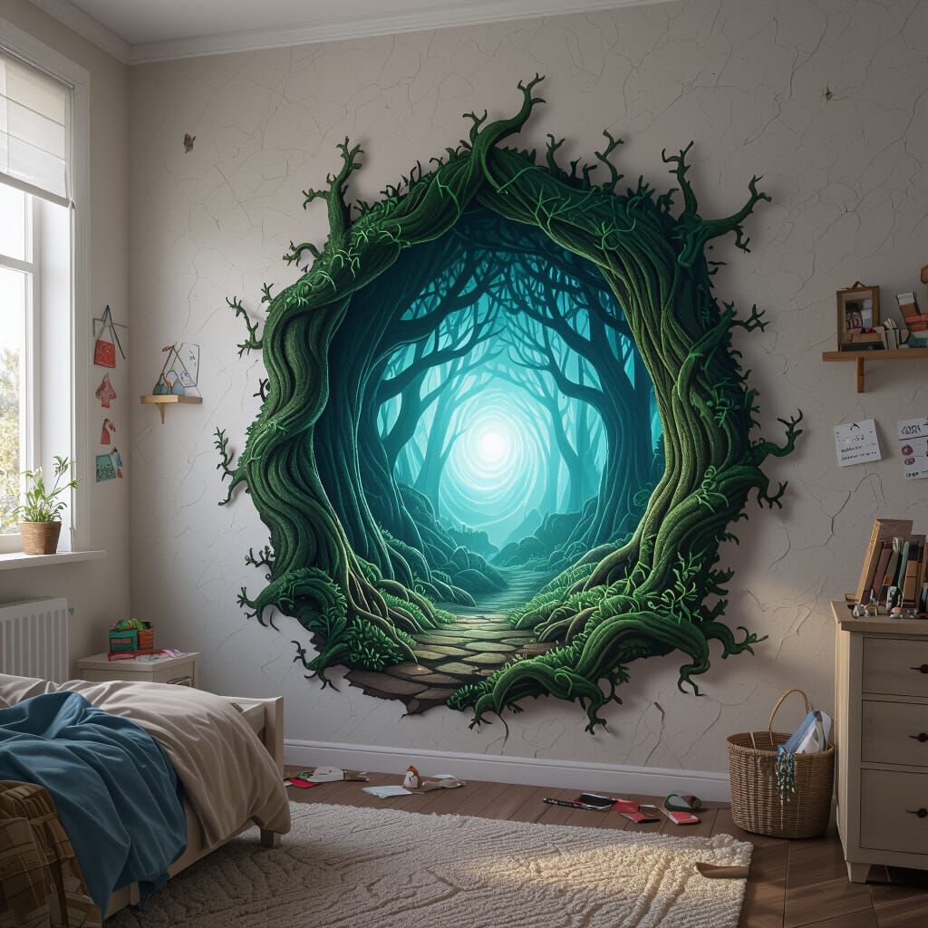 Ethereal Portal to Mythical Forest in Messy Bedroom