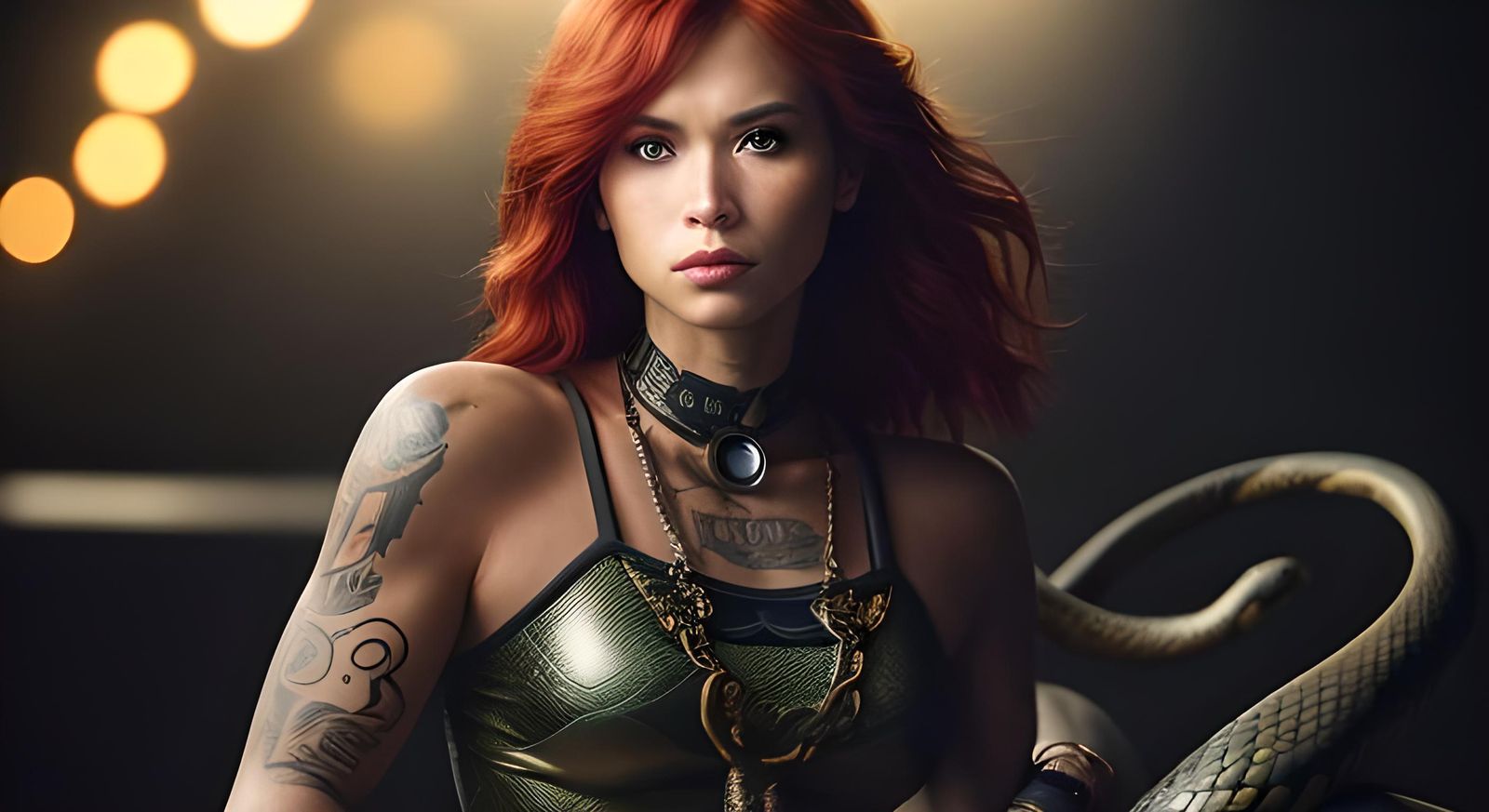 Redhead on Snake in Dystopian Cityscape